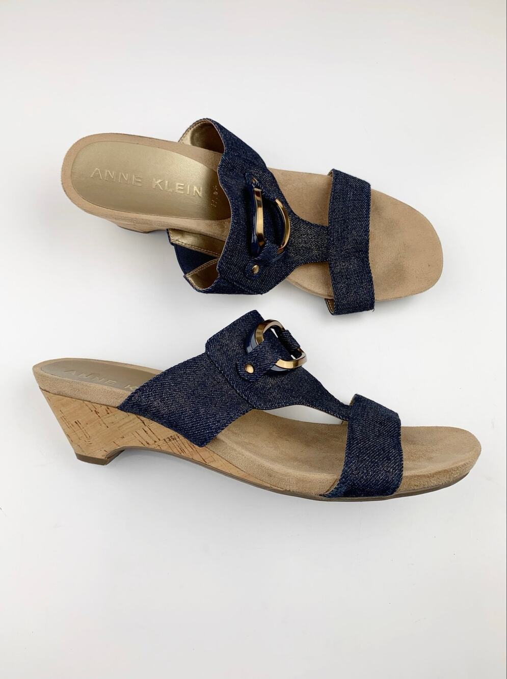 Anne Klein iflex Teela Sandals Dark Blue Denim Slides Cork Wedge Heel Womens 9.5
